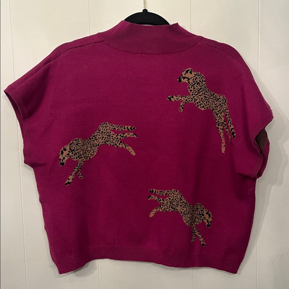 vestique Hot Pink Ribbed Mock Neck Knit Vest cheetah motif - Picture 4 of 4